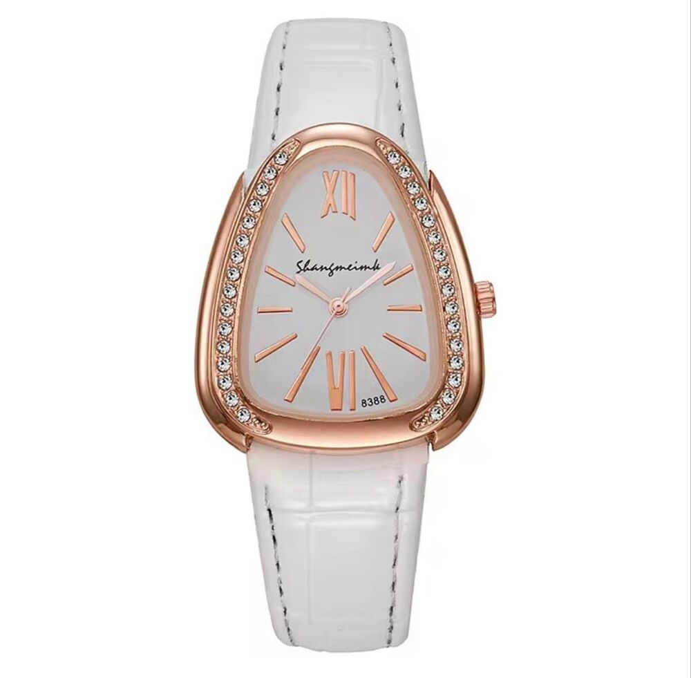 Womens White Vegan Leather Crystal Watch Rose Gold Tone Elegant Dress Watch